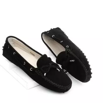 Черная замшевая платиновая повседневная женская обувь из натуральной кожи с круглым носком и бантом