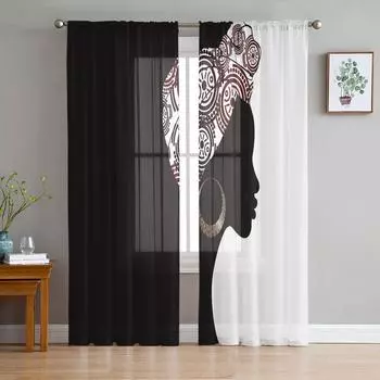 Черная женщина, черно-белые шифоновые прозрачные шторы для гостиной, спальни, украшение дома, оконная вуаль, тюлевые шторы, занавеска W135 x H115cm x1