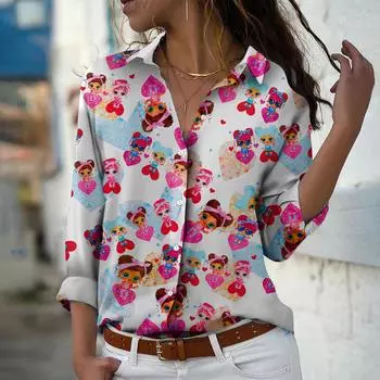 Черная женская блузка с принтом для девочек, весна-осень, женская офисная женская рубашка на пуговицах с отложным воротником XS фиолетовый