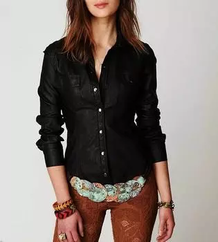 Черная женская кожаная рубашка из натуральной мягкой овчины ручной работы в стиле байкер XS чёрный
