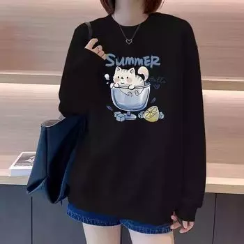 Черная женская модная повседневная толстовка с длинным рукавом и круглым вырезом с милым рисунком кота 2024 S