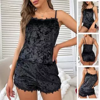 Черная женская пижама, золотистый велюровый пижамный комплект, сексуальные женские шорты без рукавов, ночная одежда, домашняя одежда, домашняя одежда XS чёрный