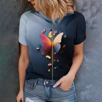 Черная женская повседневная футболка с цветным узором в виде бабочек - Летний стиль, круглый вырез, короткий рукав S