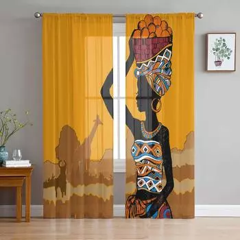 Черная женская прозрачная занавеска с жирафом для спальни, тюлевая занавеска из вуали для кухни, гостиной, декор, украшение для окна 135W x 114H(cm)