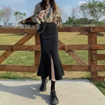 Черная женская юбка-бюстье из тонкого эластичного хлопкового рыбьего хвоста с высокой талией, средней длины, с открытыми плечами, универсальная, удобная, модная, джинсовая S синий