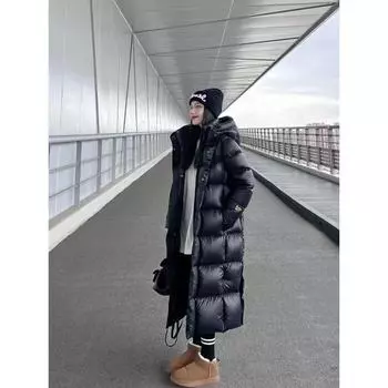 Черная Золотая Длинная Теплая Пуховая Хлопковая Куртка, Зимняя Корейская Версия Новая Свободная и Плотная Хлопковая Куртка Куртка Выше Колена S чёрный
