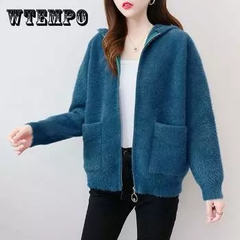 Чернильная флисовая куртка, женская осенне-зимняя одежда, свитер на молнии, женский вязаный кардиган, женский свободный топ XL