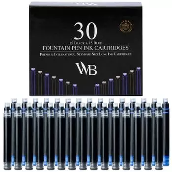 Чернила для перьевой ручки Wordsworth Black, набор из 15 черных и 15 синих чернильных картриджей, международный стандартный размер, длина APPR, диаметр основания APPR, одноразовые