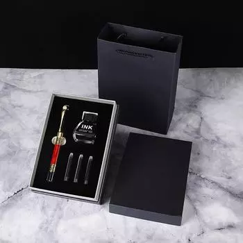 Чернила в чернильном мешочке двойного назначения для учителей и учеников Подарочная коробка с деревянной зернистостью Ручка для бизнеса Подарки для школы Металлическая ручка Памятный набор 0.5mm