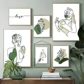 Черно-белая абстрактная линия женщина цветок зеленое солнце настенная живопись холст скандинавские постеры и принты настенная картина для гостиной 21x30cm No Framed
