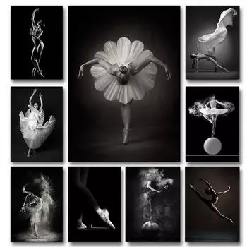 Черно-белая балерина, холст, картина, элегантная поза балерины, плакат с принтом, настенная художественная картина для гостиной, домашний декор 21x30cm No Framed