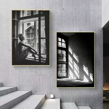 Черно-белая балетная девушка на окне, настенная живопись на холсте, винтажные постеры и принты, настенные панно для гостиной, домашний декор 21cm30cm NoFrame