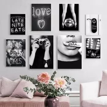 Черно-белая девушка с камерой, модный постер, неоновое искусство, цитата о любви, печать на холсте, картина, сексуальная красивая девушка, винтажная картина, домашний декор 21x30cm No Framed