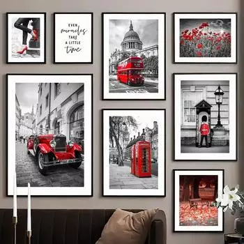 Черно-белая фотография Европы, пейзажная картина, постер на холсте, настенное искусство, красный цветок, принт с изображением автомобиля и автобуса, декор для дома 21x30cm No Framed