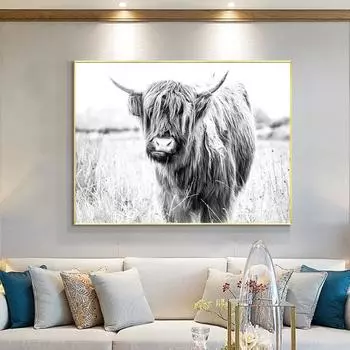 Черно-белая фотография Highland Cow, современное настенное искусство, холст с принтом, постер с изображением сельскохозяйственных животных для гостиной, домашний декор, Cuadros 21x30cm No Framed