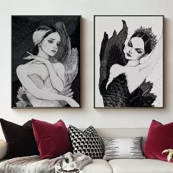 Черно-белая картина «Лебединое озеро» Одиллии, настенное искусство, печать на холсте, постер, минималистская картина балета для гостиной, домашний декор, Cuadros 21x30cm No Framed