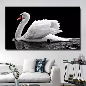 Черно-белая картина на холсте «Лебединое озеро», постеры с животными и принтами, постер с лебедем для декора гостиной, декора ванной комнаты 20cm40cm NoFrame