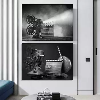 Черно-белая картина на холсте, настенная живопись, концептуальная сцена кинопроизводства, классические старые модные киноленты, постер для гостиной 21cm30cm NoFrame