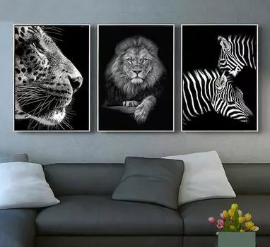 Черно-белая картина с изображением животных, слона, зебры, жирафа, тигра, льва, настенное искусство, постеры, печать на холсте для гостиной, спальни, без рамки 21*30cm No Frame