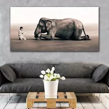 Черно-белая картина с современными животными, холст, картина, слон и мальчик, постеры и принты, настенные художественные картины для комнаты, домашний декор, без рамки 20*40cm