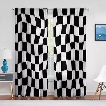 Черно-белая классная шахматная прозрачная вуаль-занавеска, абстрактные психоделические оконные тюль-шторы для декора гостиной и спальни 1 PCS W100XH250cm&Rod Pocket