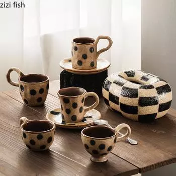 Черно-белая клетчатая керамическая чашка для кофе и набор тарелок Коробка для салфеток Десертная тарелка Чашки для завтрака Стакан для воды Цветочные чашки для чая Кружка 101-200ml
