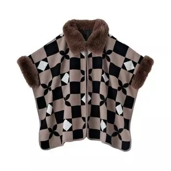 Черно-белая клетчатая куртка с большим меховым воротником, утепленная, теплая и ветрозащитная, универсальная, женская накидка на осень и зиму One Size чёрный