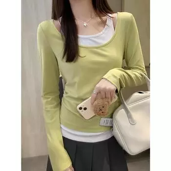 Черно-белая контрастная поддельная двухсекционная рубашка в стиле пэчворк с длинным рукавом, футболка ранней осени для женщин, сексуальный дизайн для девушек, тонкий топ S