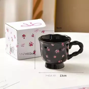Черно-белая кружка с цветочным принтом, керамическая, для девочек, с высоким горлышком, для кофе, для пары, изысканная чашка для послеобеденного чая, ощущение высокого класса, легкая роскошь 400ML