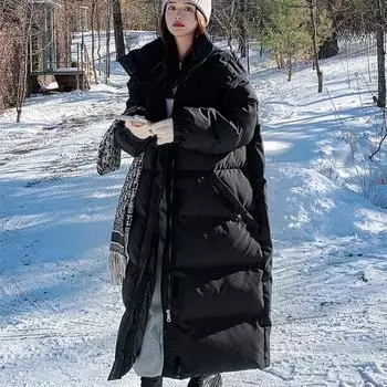 Черно-белая куртка из хлопка, женская осенне-зимняя куртка корейского производства, свободная рабочая одежда, длинная куртка выше колена из хлопка, повседневная куртка из хлопка XXL белый