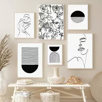 Черно-белая линия розы женское тело абстрактная настенная живопись на холсте и скандинавские постеры с принтами настенные панно для декора гостиной 21X30cm No Frame
