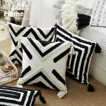 Черно-белая марокканская стеганая наволочка с геометрическим узором и кисточками 45x45 см/30x50 см Подушка для украшения дома Диван