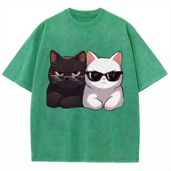 Черно-белая мультяшная кошка графический принт женская футболка унисекс свободная стирка хлопок короткий рукав летний милый топ S