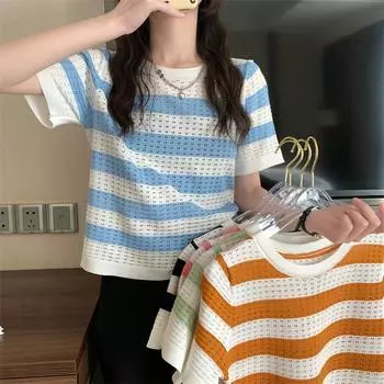 Черно-белая полосатая трикотажная футболка с короткими рукавами, женская летняя новая свободная корейская версия, тонкий круглый вырез, студенческий топ One size