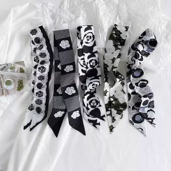 Черно-белая повязка на голову, маленький шарф, длинный шарф для волос, аксессуары для волос с принтом камелии и розы