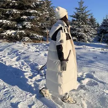 Черно-белая рабочая хлопковая куртка женская длинная ниже колена новая хлопковая куртка свободная утепленная куртка-пуховик oversizeмодная женская S белый