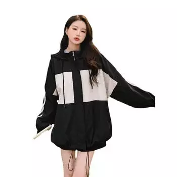 Черно-белая рабочая куртка женская весенняя новая свободная куртка с капюшоном S