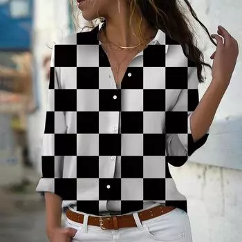 Черно-белая сетка с принтом женская блузка весна осень женская офисная женская рубашка на пуговицах с отложным воротником XS фиолетовый