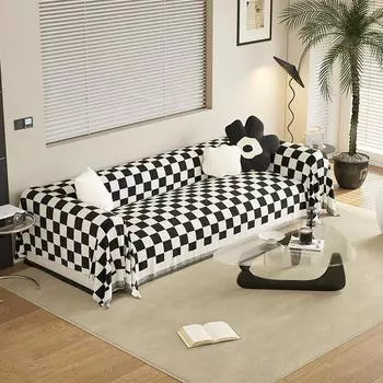 Черно-белая шахматная доска из синели, клетчатая подушка для дивана, чехол для дивана, четыре сезона, универсальная простая черная подушка, спинка, чехол для полотенца, ткань 180*130cm