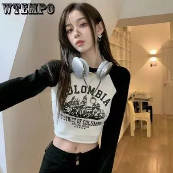 Черно-белая строчка контрастного цвета, хлопковый короткий топ с принтом, облегающая футболка с длинными рукавами, женская одежда в стиле гранж S