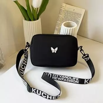 Черно-белая сумка через плечо, прочная нейлоновая сумка через плечо Butterly, сумка через плечо с широким ремнем, повседневная маленькая квадратная сумка для женщин