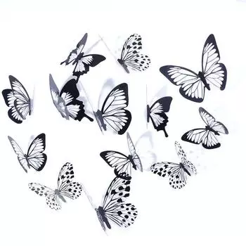 Черно-белая текстура для домашнего декора, наклейки на стену в виде бабочек, наклейки на стену в виде бабочек, художественные наклейки на стену 12pcs