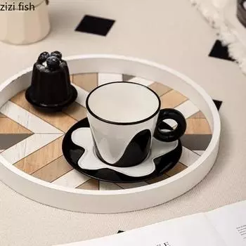 Черно-белая волнистая керамическая кружка, кофейная чашка и набор тарелок, чашки для послеобеденного чая, чашки для завтрака, кружка для молока, кружка для воды, кружки для сока, чайная чашка 201-300ml