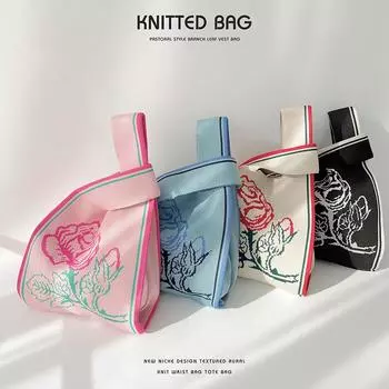 Черно-белая вязаная сумка через плечо с розами - модная большая вместительная сумка на запястье для женщин