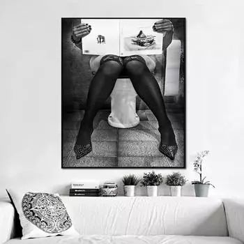 Черно-белая женская фотография, холст, картина, чтение газеты на туалетном плакате, настенные художественные фотографии для гостиной HD0088 21x30cm no frame