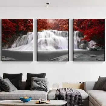 Черно-бело-красная настенная живопись Осеннее дерево Лес Водопад Плакат Свет Роскошный домашний декор Картина на холсте Фреска Картина Печать Художественное произведение 21x30cm No Frame