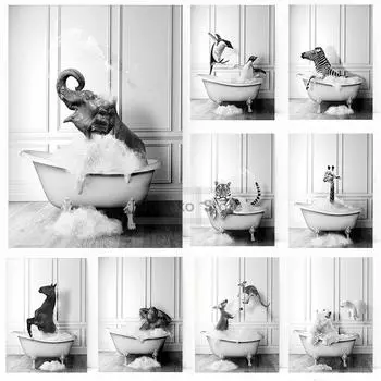 Черно-белое очаровательное животное в ванной слон пингвин ванная комната искусство настенная печать постер холст картины картины декор для дома комнаты 21x30cm No Framed