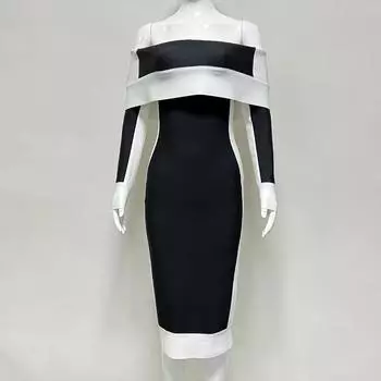 Черно-белое платье-бандаж на одно плечо с длинным рукавом и средней длиной S