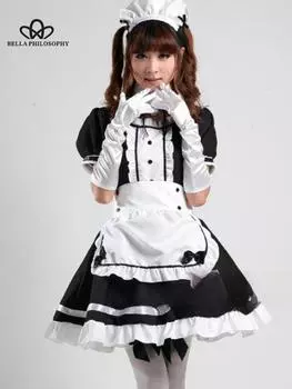 Черно-белое платье горничной Лолиты, милое женское платье Kawaii, костюм для ролевых игр, костюм для Хэллоуина, косплей, одежда с коротким рукавом S синий