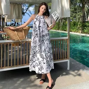 Черно-белое платье-халтер с принтом «Праздничное море» — струящееся, с открытой спиной, летнее макси для пляжа и путешествий. Small